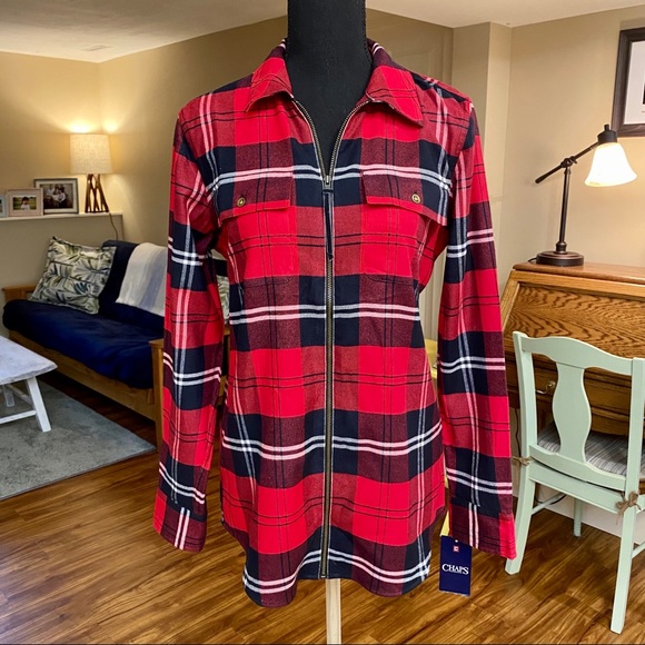 Chaps Tops - 🆕CHAPS COTTON Flannel Zip up red and black size S